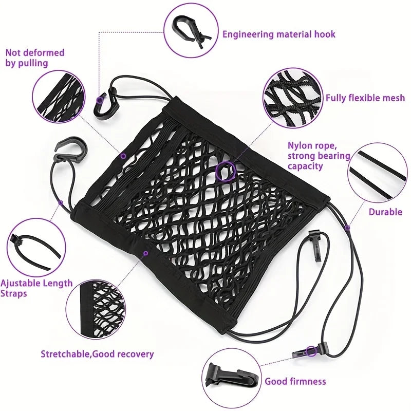 3-Layer Car Mesh Organizer, Seat Back Net Bag, Barrier of Backseat Pet Kids, Tissue Purse Holder, Driver Storage Netting Pouch