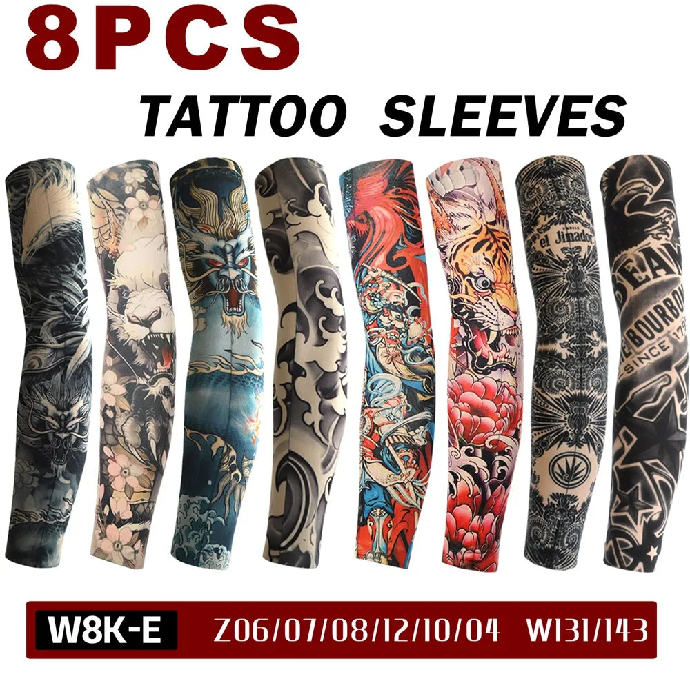 8 PCS Tattoo Sleeves Unisex Summer Cycling Sun Protection Arm Covers Beach Driving Fishing Breathable Nightclub Elastic Sleeves