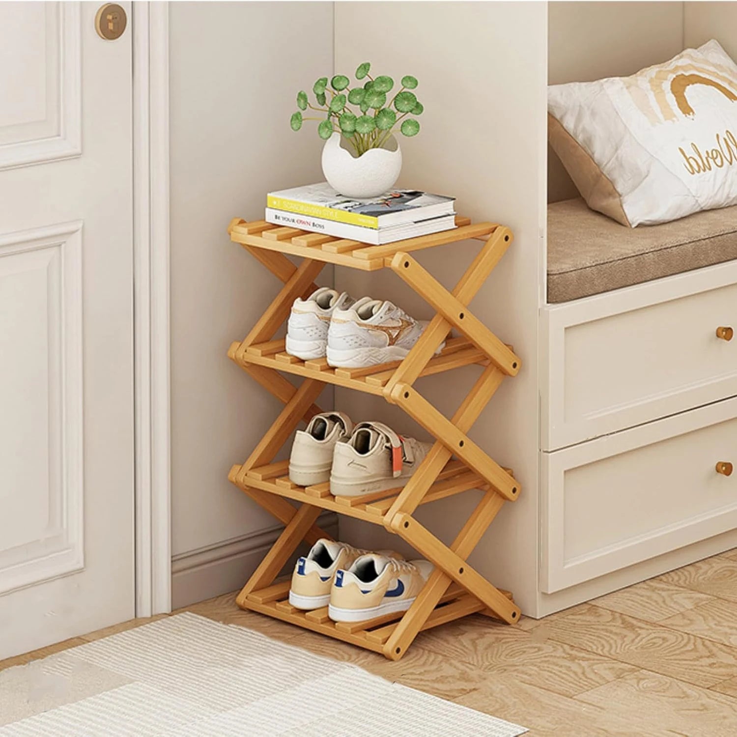 7 Tiers Bamboo Shoe Rack Without Installation Small Shoe Rack, Foldable Shoe Storage Rack, Shoe Organizer for Entryway