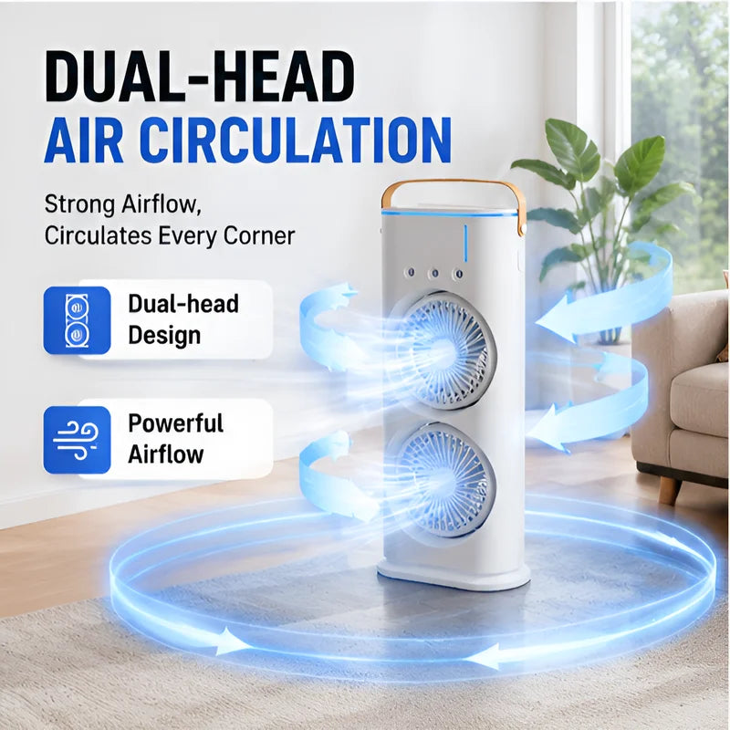 3 in 1 Dual-head Fan AIr Conditioner Household Air Cooler LED Night Light Portable Humidifier Air Adjustment Fan Office Home Fan