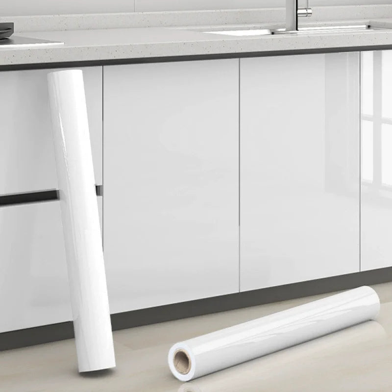 Glossy White Self-Adhesive Wallpaper Waterproof Oil-Proof PVC Cabinet Sticker Furniture Renovation Film for Kitchen