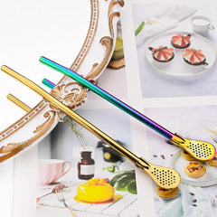5pcs Filter Tea Straw Spoon Set Reusable Stainless Steel Straw with 2pcs Cleaning Brushes Bar Cocktail Tea Coffee Accessories