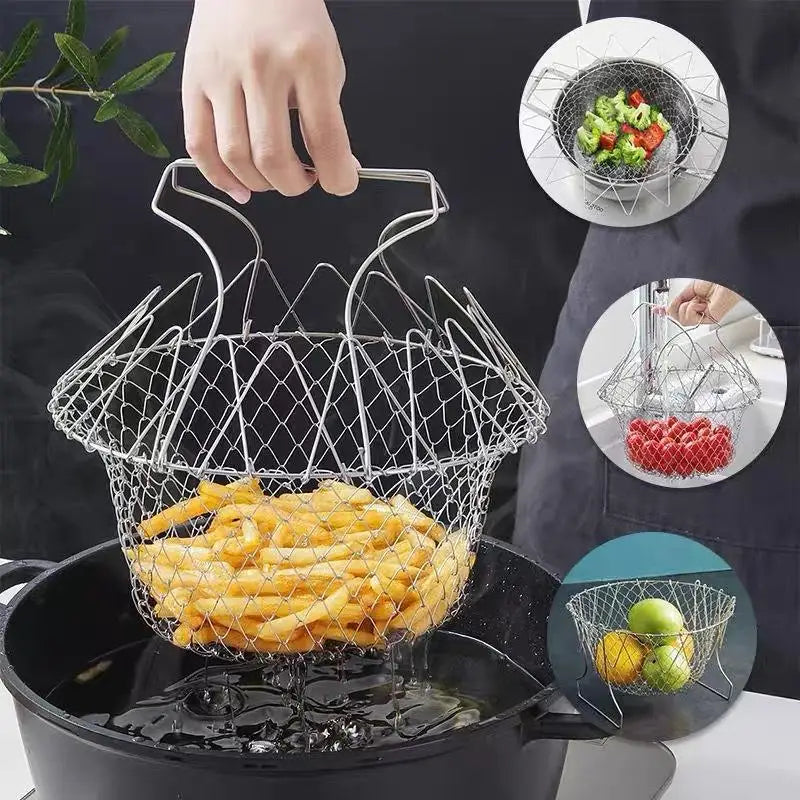 1pcs Stainless Steel Foldable Multifunctional Fryer Basket French Fry Strainer Kitchen Appliance Is Durable