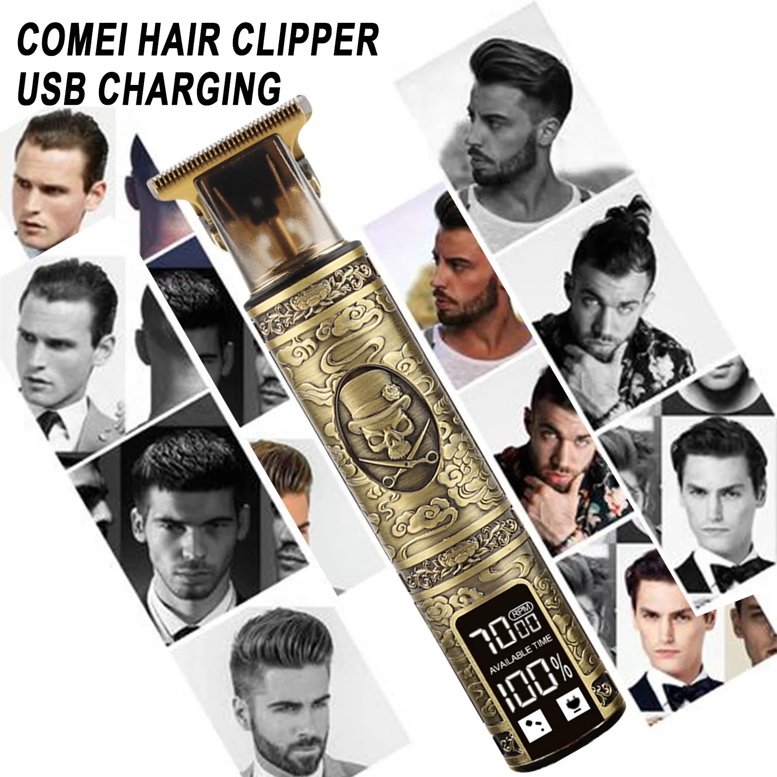 HIENA T9 Electric Hair Trimmer LCD Intelligent Display Hair Beard Clipper Vintage Skull Totem Design Professional Hair Cutter