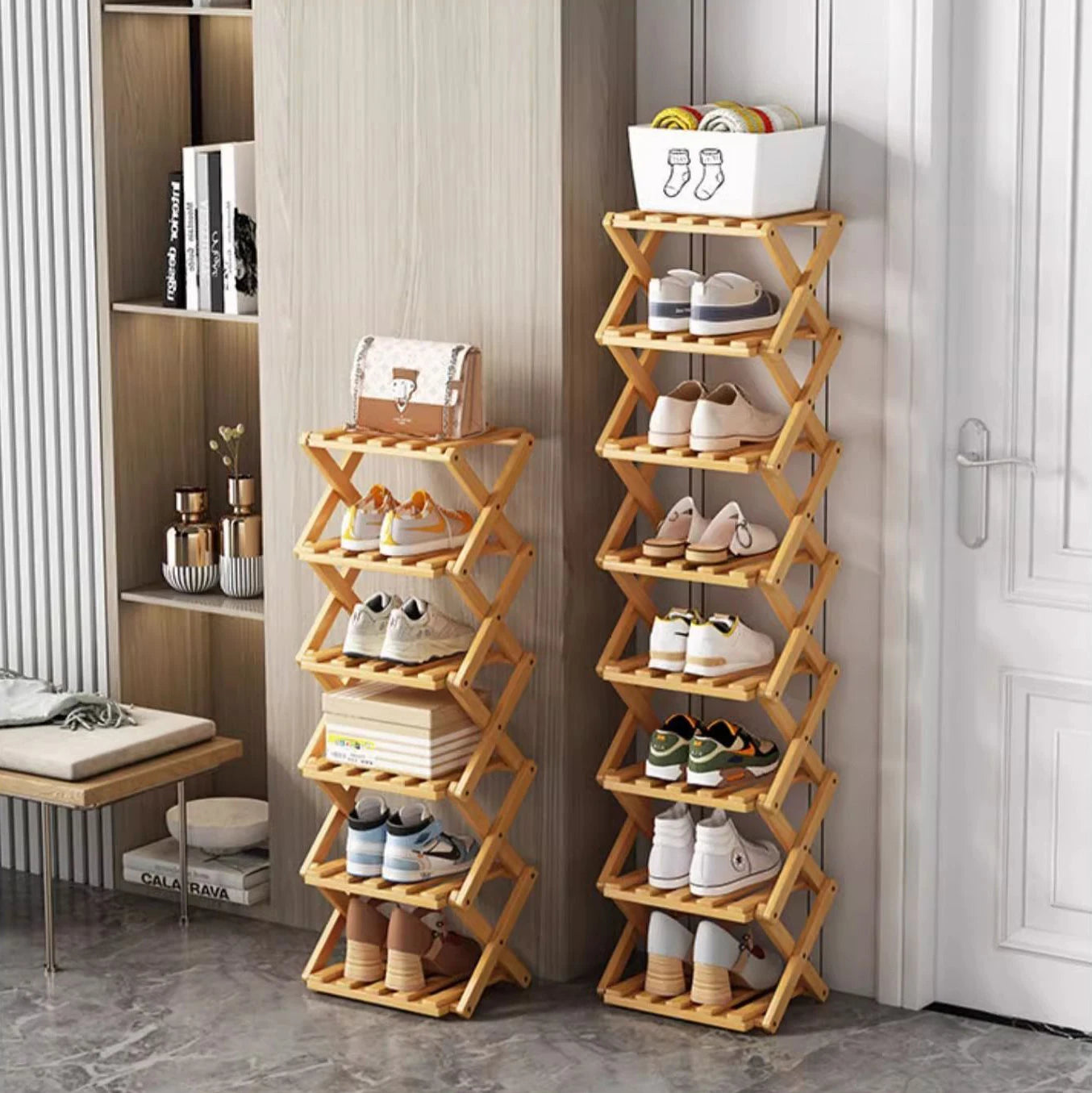 7 Tiers Bamboo Shoe Rack Without Installation Small Shoe Rack, Foldable Shoe Storage Rack, Shoe Organizer for Entryway