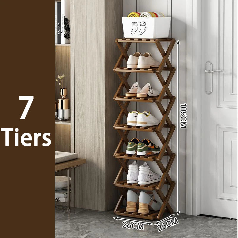 7 Tiers Bamboo Shoe Rack Without Installation Small Shoe Rack, Foldable Shoe Storage Rack, Shoe Organizer for Entryway