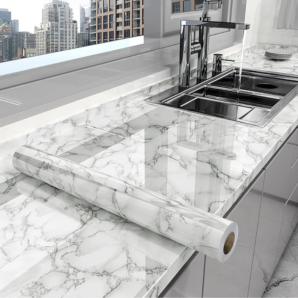 Glossy White Self-Adhesive Wallpaper Waterproof Oil-Proof PVC Cabinet Sticker Furniture Renovation Film for Kitchen
