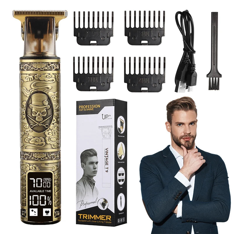 HIENA T9 Electric Hair Trimmer LCD Intelligent Display Hair Beard Clipper Vintage Skull Totem Design Professional Hair Cutter
