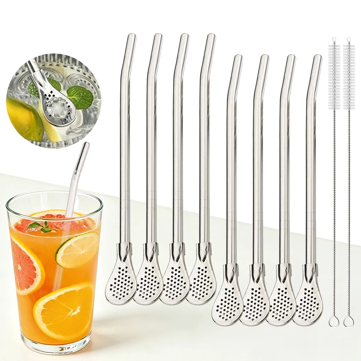 5pcs Filter Tea Straw Spoon Set Reusable Stainless Steel Straw with 2pcs Cleaning Brushes Bar Cocktail Tea Coffee Accessories