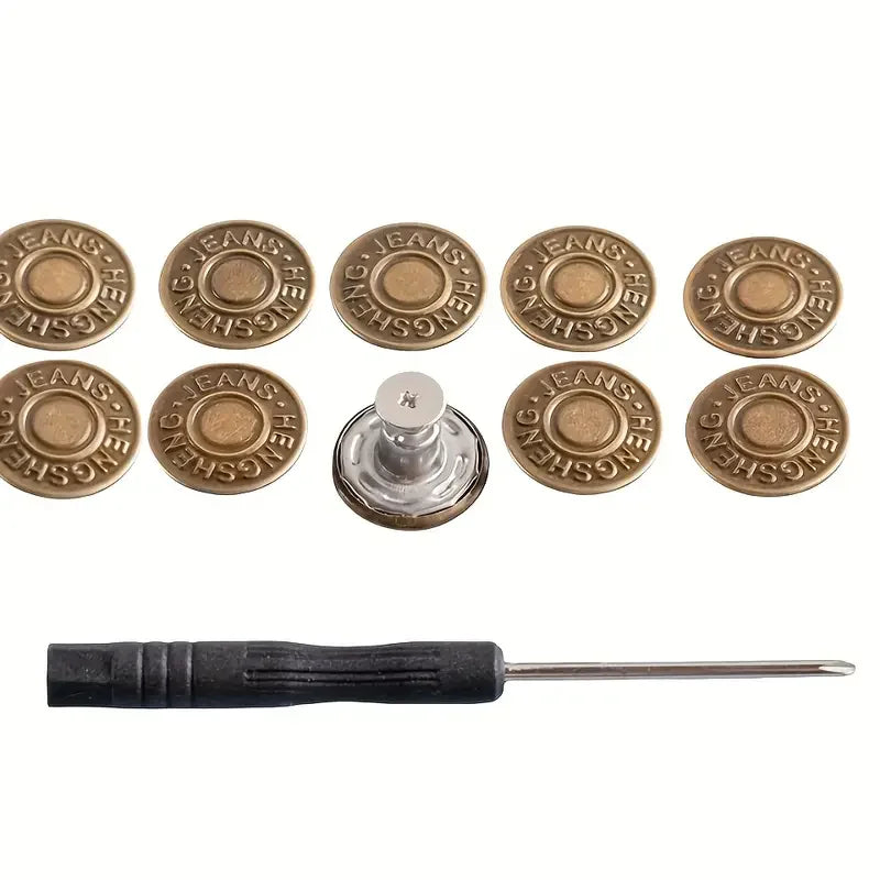 10PCS Adjustable No-Sew Bronze Jeans Buttons - Durable Metal Denim Clothes Snap Fasteners for Pants & Accessories