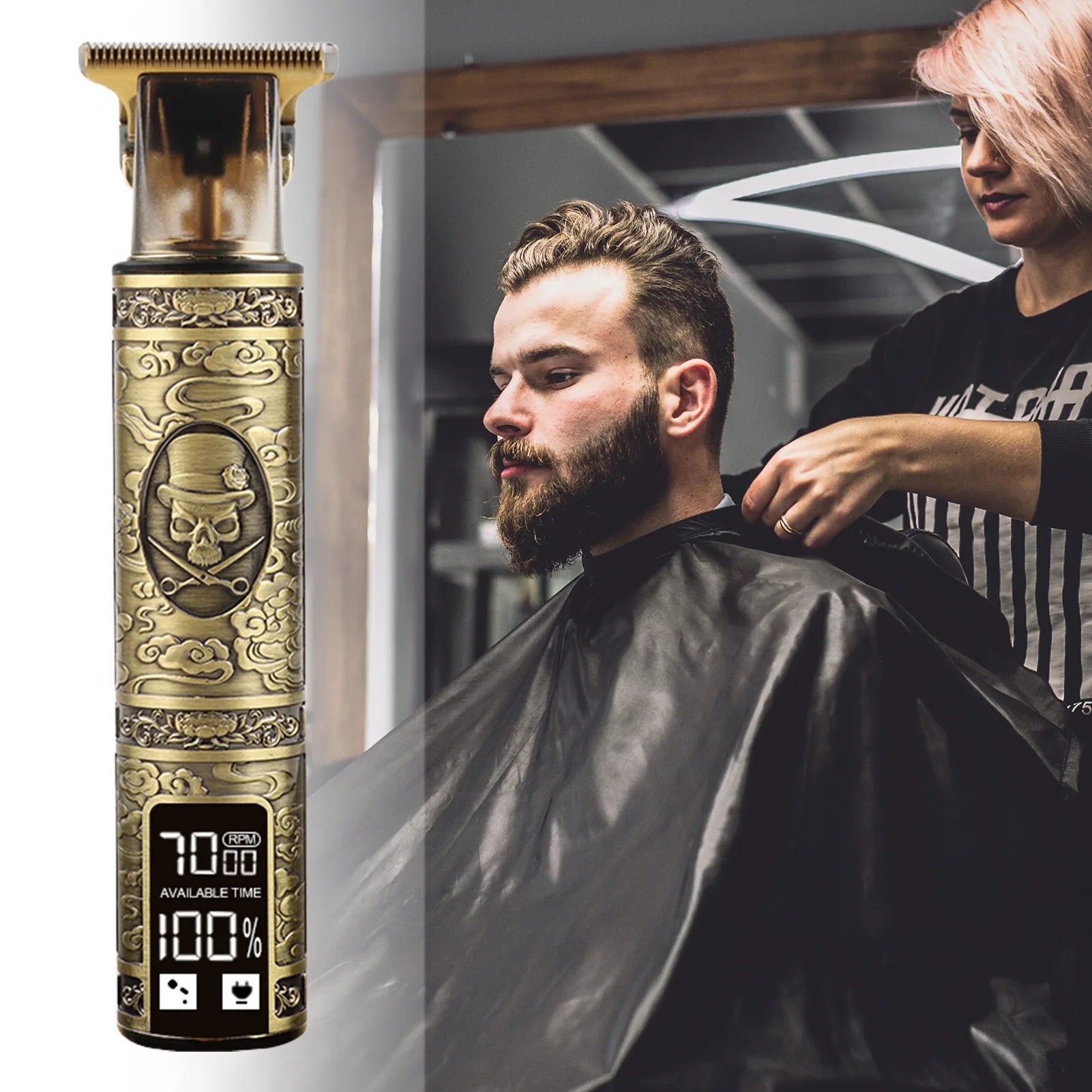 HIENA T9 Electric Hair Trimmer LCD Intelligent Display Hair Beard Clipper Vintage Skull Totem Design Professional Hair Cutter
