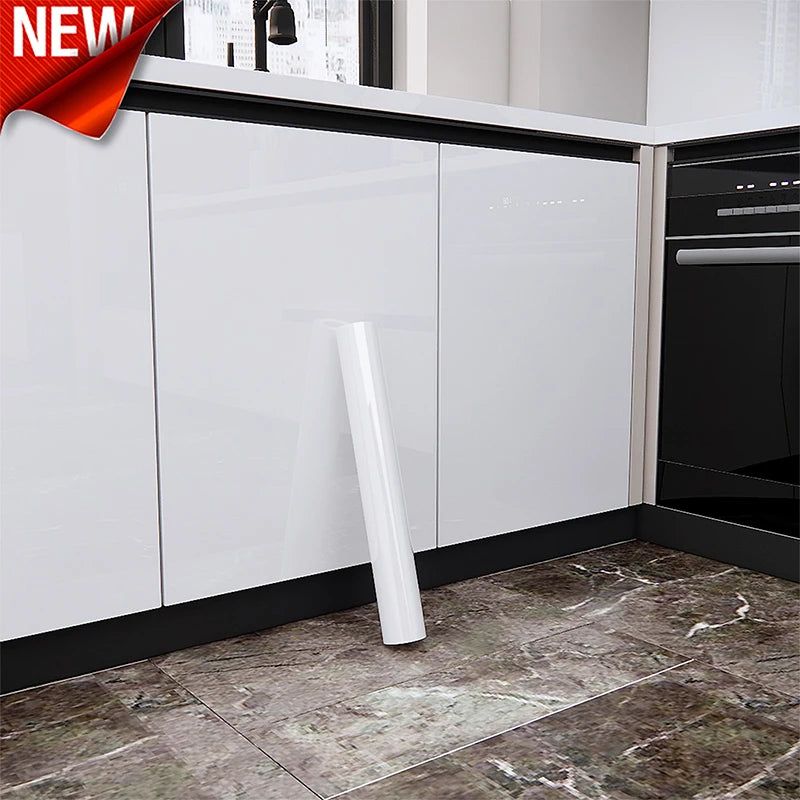 Glossy White Self-Adhesive Wallpaper Waterproof Oil-Proof PVC Cabinet Sticker Furniture Renovation Film for Kitchen