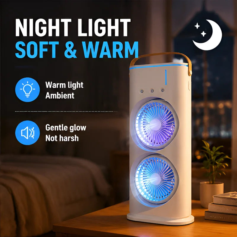 3 in 1 Dual-head Fan AIr Conditioner Household Air Cooler LED Night Light Portable Humidifier Air Adjustment Fan Office Home Fan