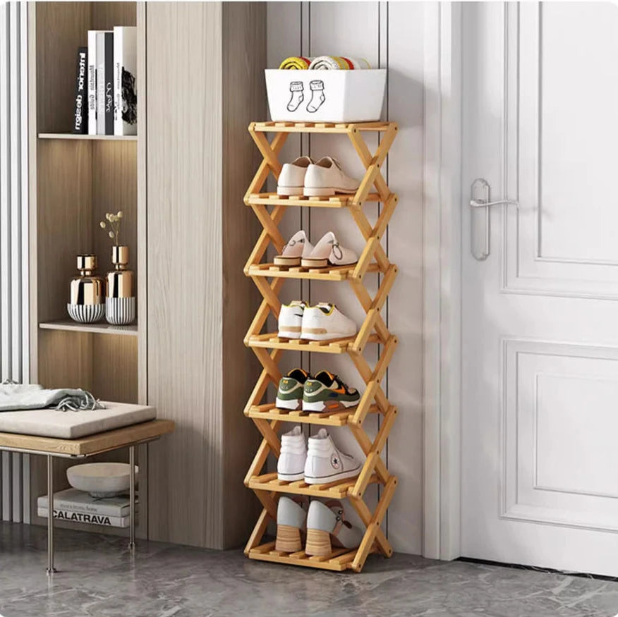 7 Tiers Bamboo Shoe Rack Without Installation Small Shoe Rack, Foldable Shoe Storage Rack, Shoe Organizer for Entryway
