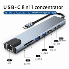 USB C Hub 8 In 1 Type C 3.1 To 4K HDTV Adapter with RJ45 100Mbps SD/TF Card Reader PD Fast Charge for MacBook Notebook Laptop