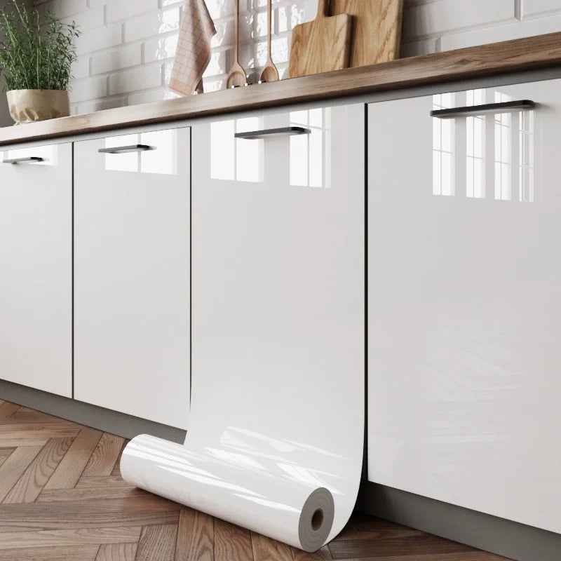 Glossy White Self-Adhesive Wallpaper Waterproof Oil-Proof PVC Cabinet Sticker Furniture Renovation Film for Kitchen