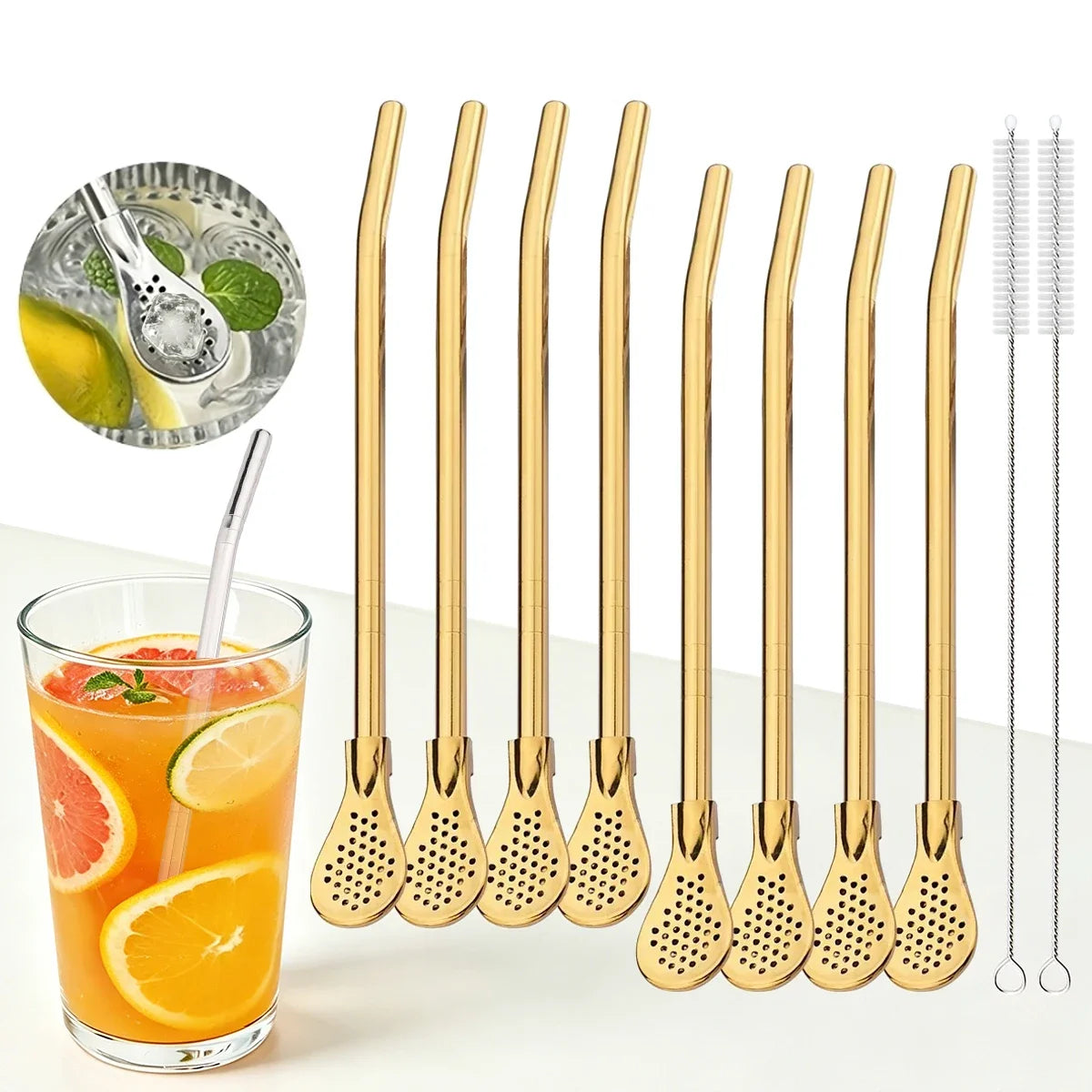5pcs Filter Tea Straw Spoon Set Reusable Stainless Steel Straw with 2pcs Cleaning Brushes Bar Cocktail Tea Coffee Accessories