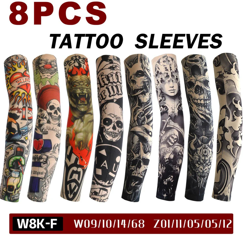 8 PCS Tattoo Sleeves Unisex Summer Cycling Sun Protection Arm Covers Beach Driving Fishing Breathable Nightclub Elastic Sleeves