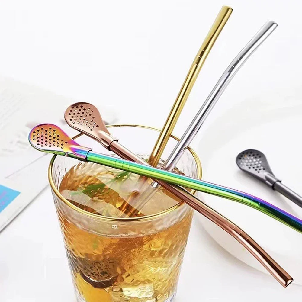 5pcs Filter Tea Straw Spoon Set Reusable Stainless Steel Straw with 2pcs Cleaning Brushes Bar Cocktail Tea Coffee Accessories