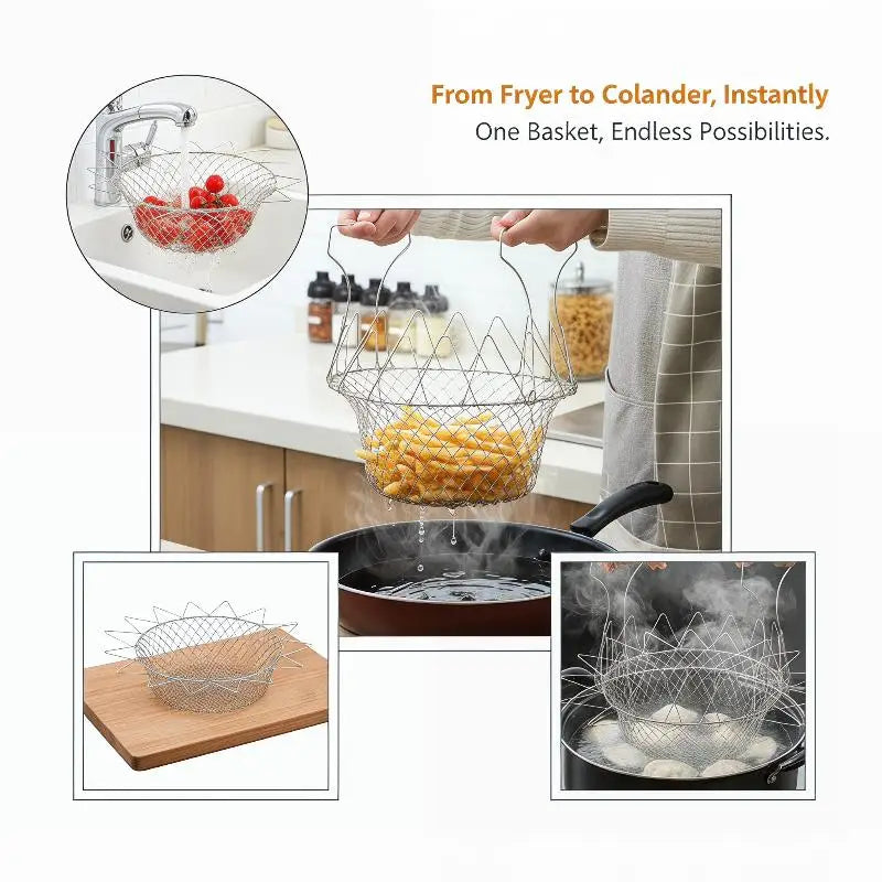 1pcs Stainless Steel Foldable Multifunctional Fryer Basket French Fry Strainer Kitchen Appliance Is Durable